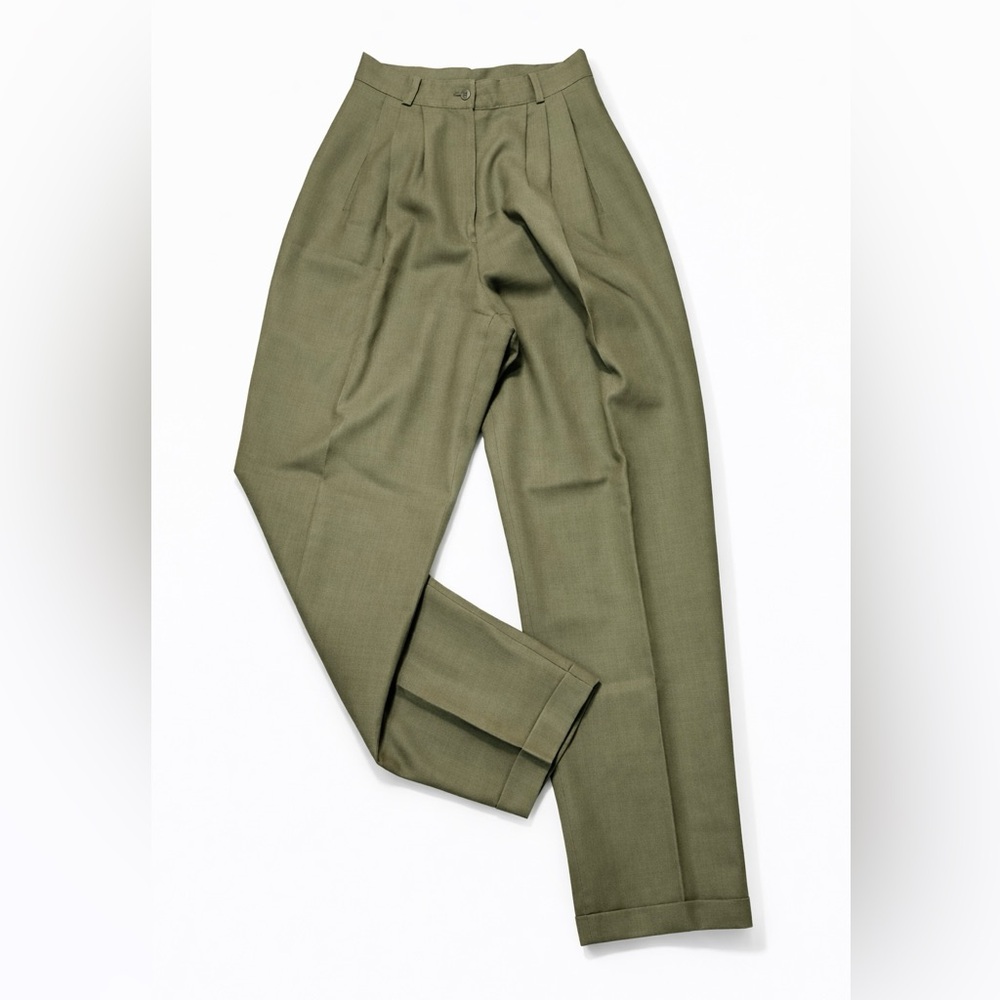 High Waist Trousers Olive Green Pleated Pants Tailored Workwear
